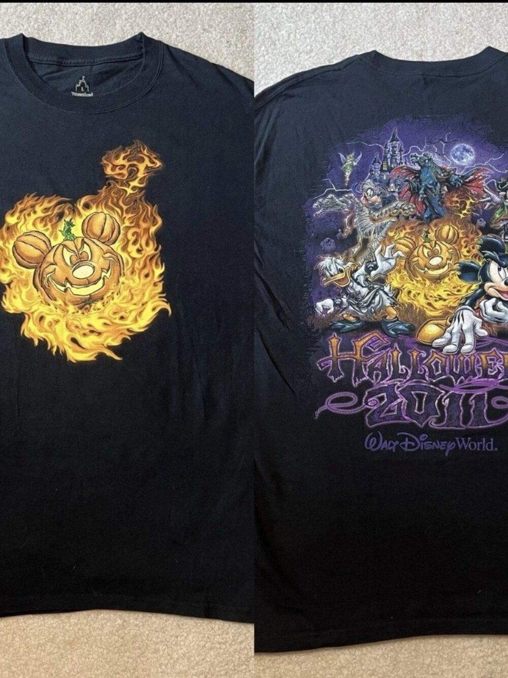 Disney Parks Halloween 2011 Large Shirt Fire Mickey Pumpkin Double Sided Black